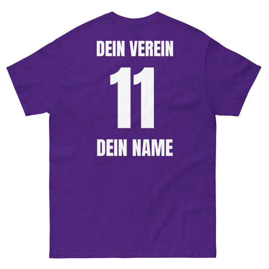 Fun-Shirt Rückseite in Lila – mit Vereinsname, Nummer und Spielername
