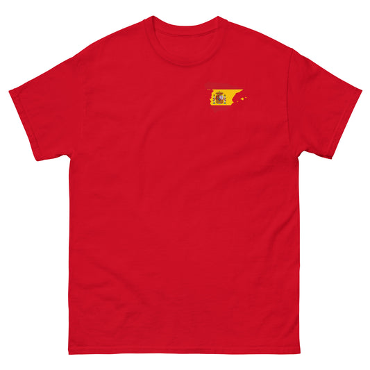Spanien Sauf T-Shirt Vorderseite in Rot – mit Flagge