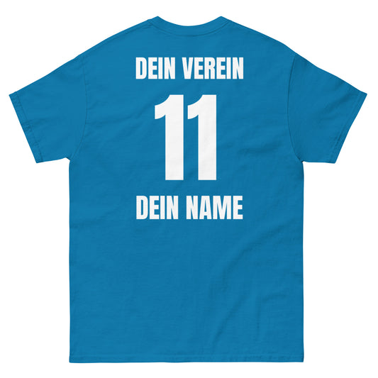Eigenes Team-Shirt Rückseite in Blau – mit Vereinsname, Nummer und Spielername