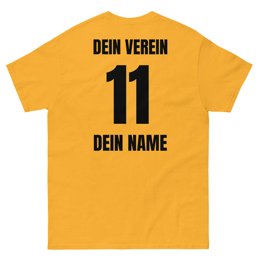 Festival-Shirt Rückseite in Gold – mit Vereinsname, Nummer und Spielername