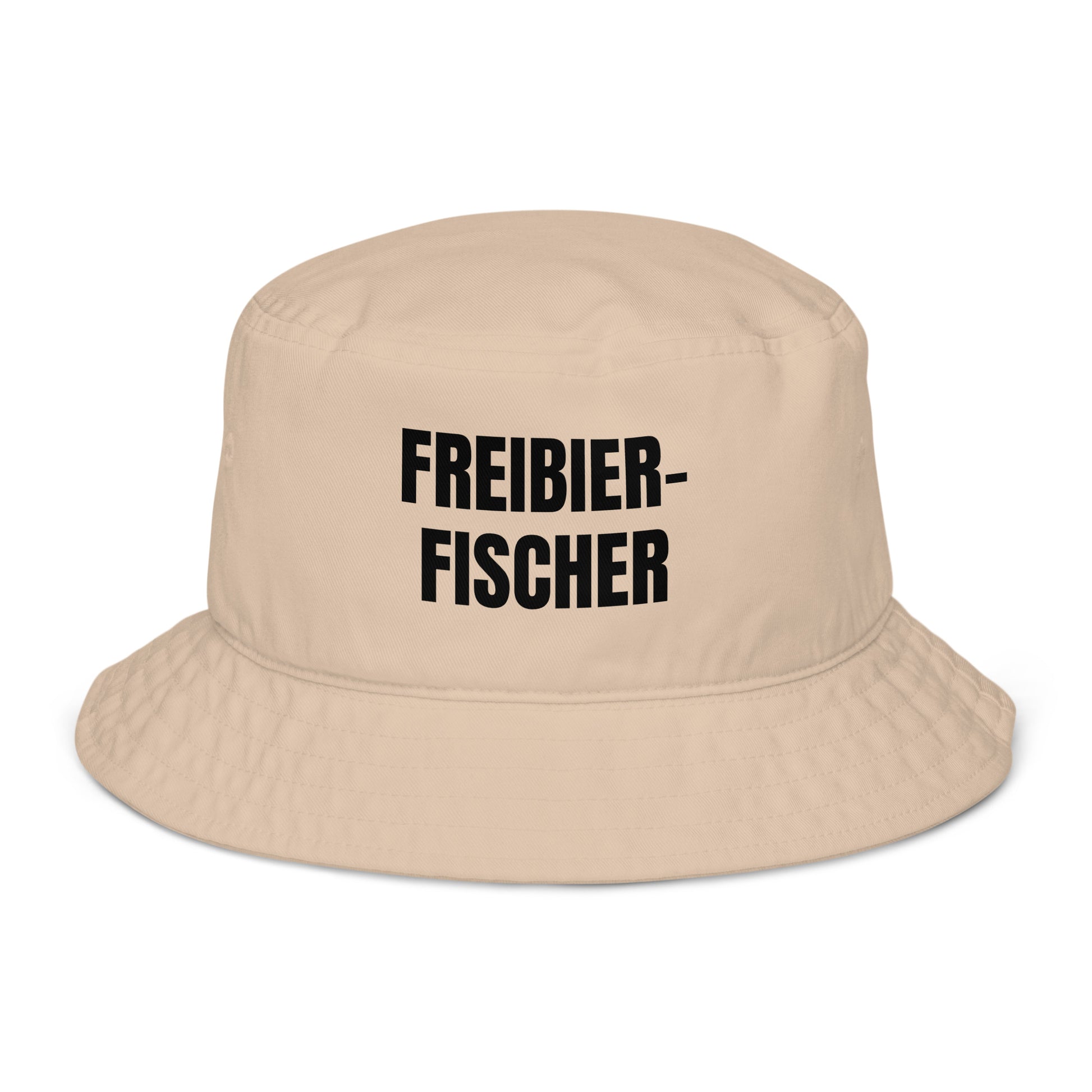 Beiger Fischerhut mit schwarzem Text 'Freibier-Fischer'
