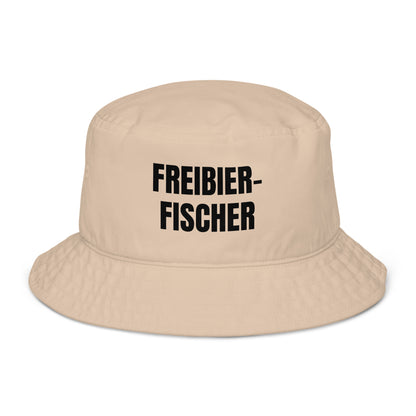Beiger Fischerhut mit schwarzem Text 'Freibier-Fischer'
