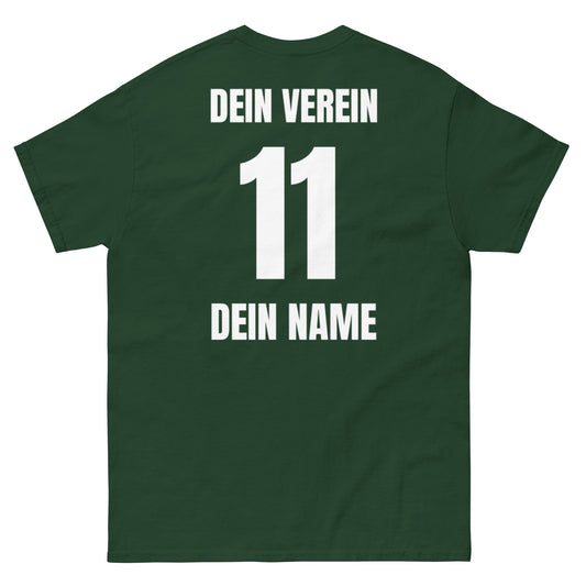 Fußball T-Shirt Rückseite in Dunkelgrün – mit Vereinsname, Nummer und Spielername
