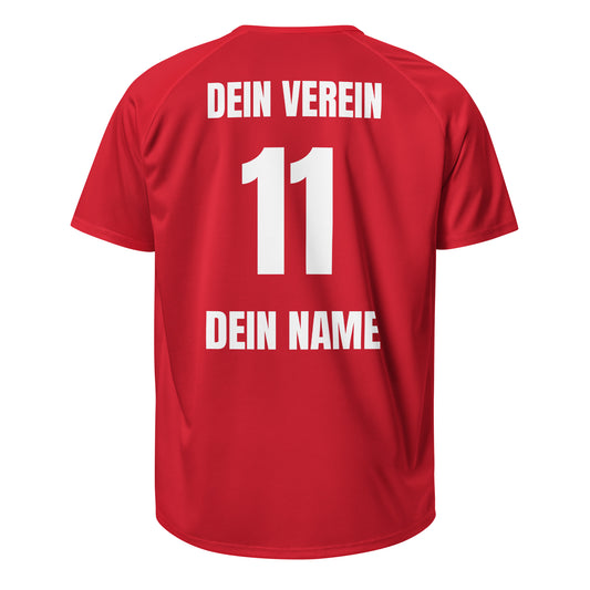 Fußball-Trikot Rückseite in Rot – mit Vereinsname, Nummer und Spielername