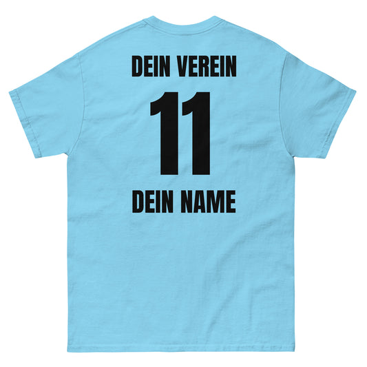 Gruppen Outfit Shirt Rückseite in Hellblau – mit Vereinsname, Nummer und Spielername