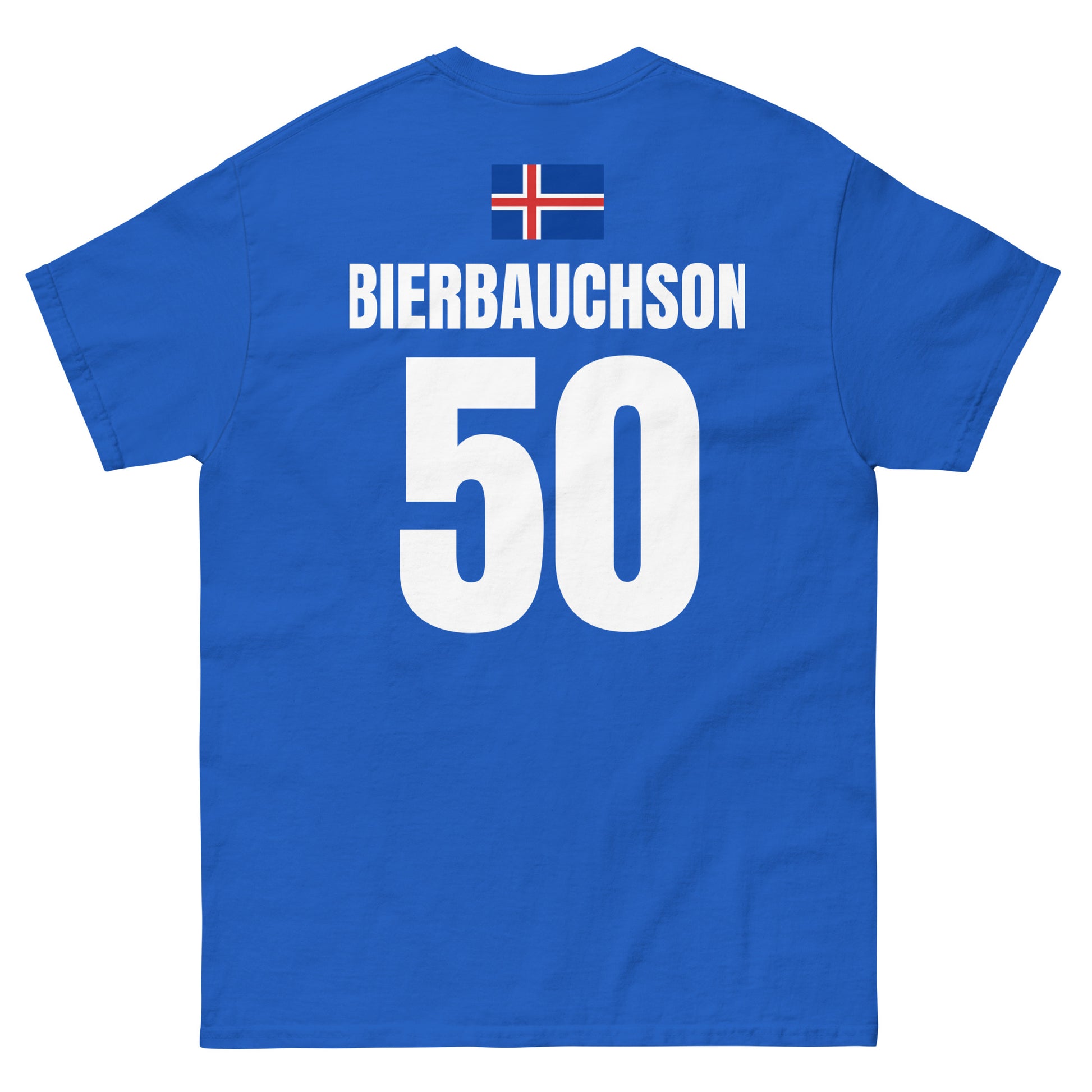 Island Sauf T-Shirt Rückseite in Dunkelblau – Name Bierbauchson Nr. 50