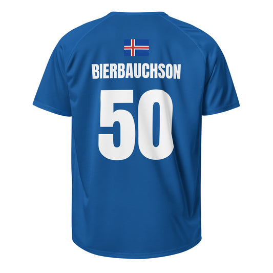 Island Sauf Trikot Rückseite in Dunkelblau – Name Bierbauchson Nr. 50
