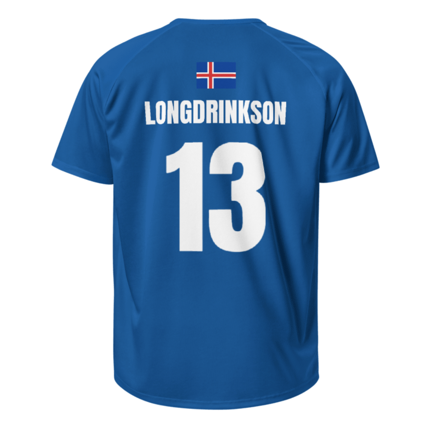 Island-Sauftrikot in Dunkelblau – Rückseite mit Name Longdrinkson Nr. 13
