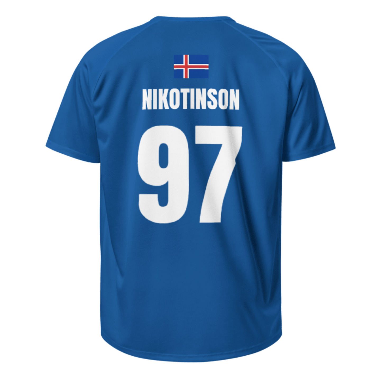 Island Sauftrikot Rückseite in Dunkelblau – Name Nikotinson Nr. 97