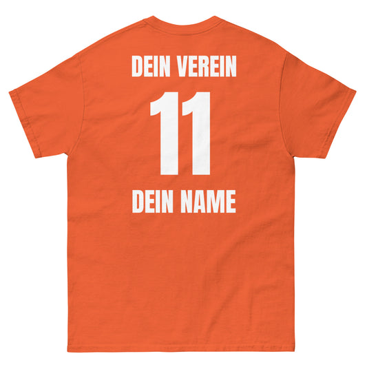 Malle-Shirt Rückseite in Orange – mit Vereinsname, Nummer und Spielername