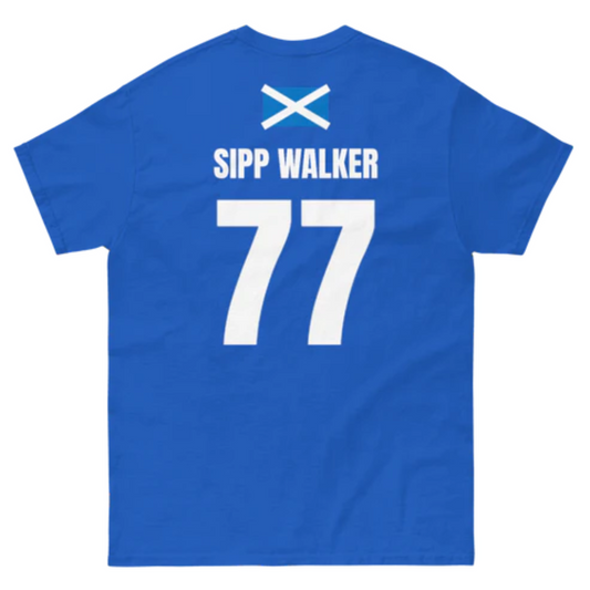 Schottland Sauf T-Shirt Rückseite in Dunkelblau – Name Sipp Walker Nr. 77