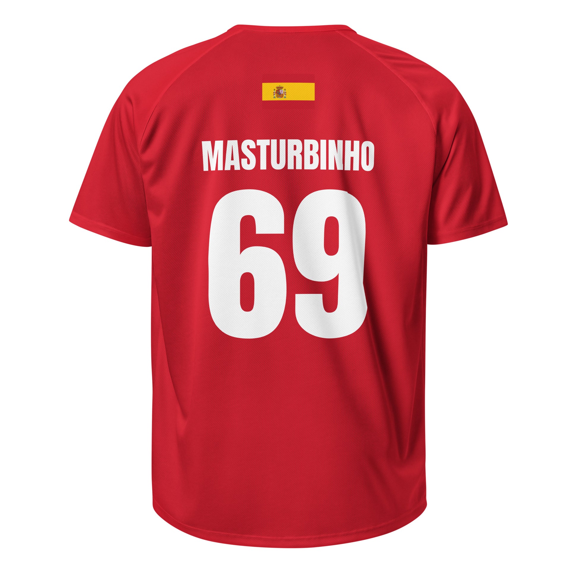 Spanien Sauf Trikot Rückseite in Rot – Name Masturbinho Nr. 69