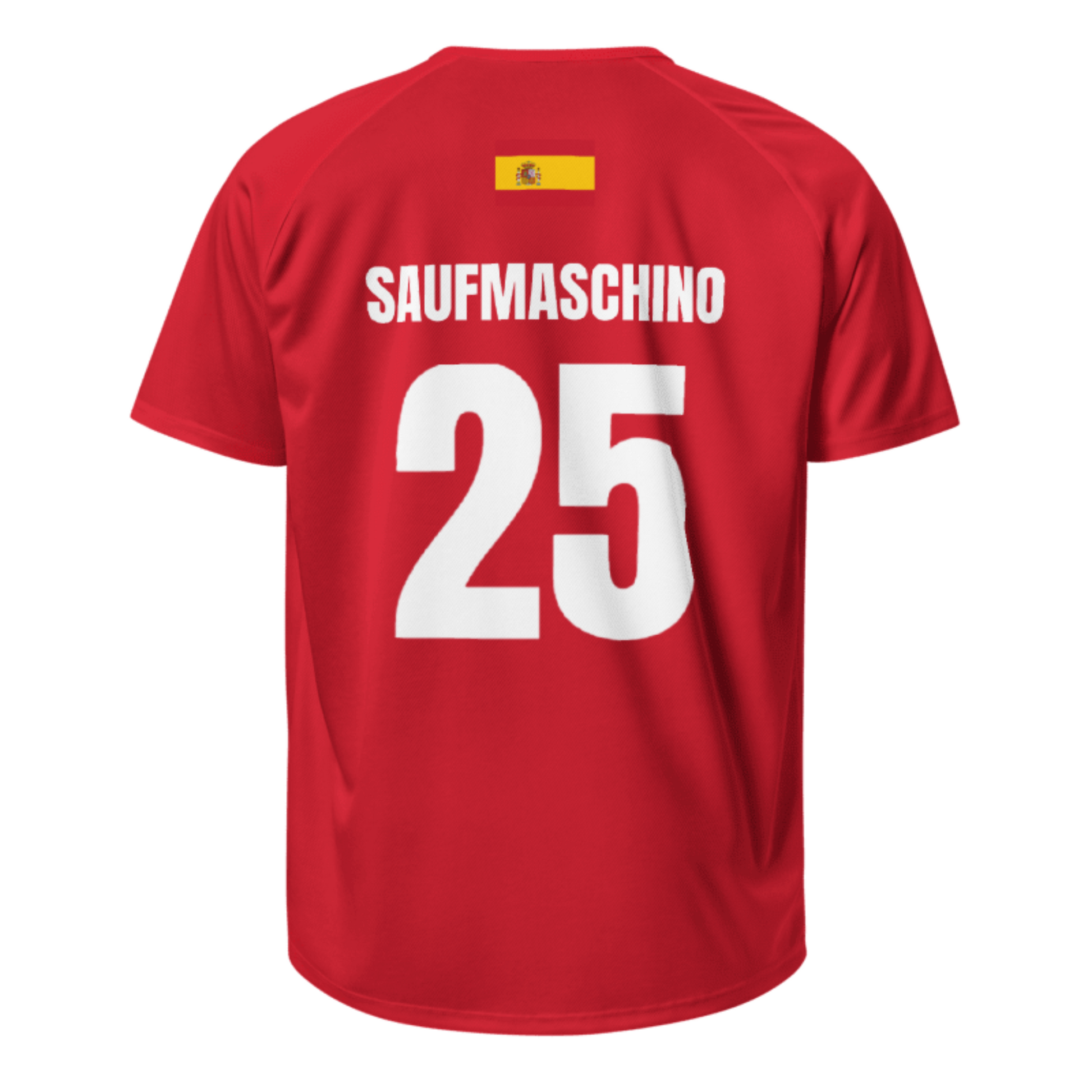 Spanien Sauf Trikot Rückseite in Rot – Name Saufmaschino Nr. 25