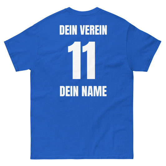 Team-Shirt Rückseite in Dunkelblau – mit Vereinsname, Nummer und Spielername
